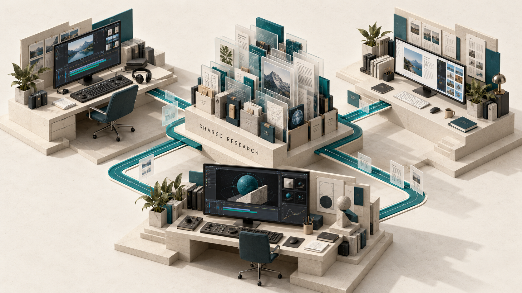 Three creative workstations connected to a central library of shared research.