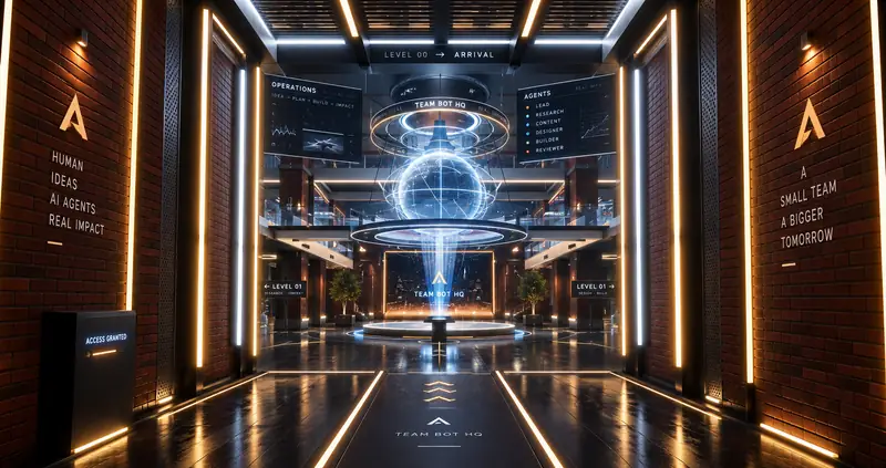 The arrival corridor with brick walls, amber light strips and the glowing Core ahead