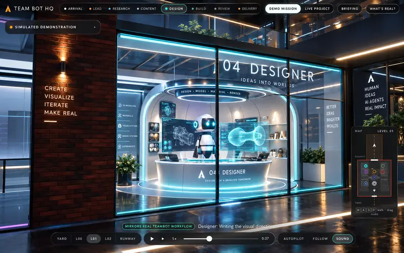 The Designer's curved spatial design pod behind glass, with holographic models and material samples