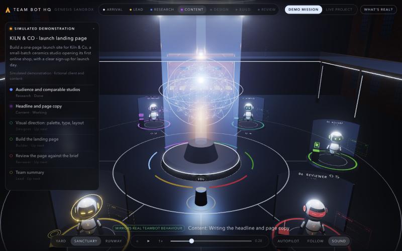 Version 1: six agents on ring platforms arranged in a circle round the Core, in one dark room