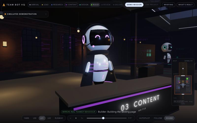 Version 2: the Content bot behind a plain dark desk lettered 03 Content, in a brick room