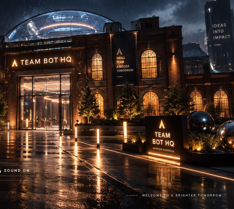 The Red-Brick Bastion entrance at night in the rain, glass dome glowing on the roof
