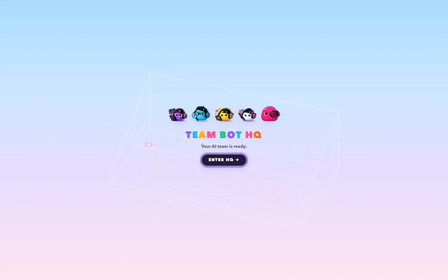 TeamBot HQ loading screen — five bots above the Enter HQ button