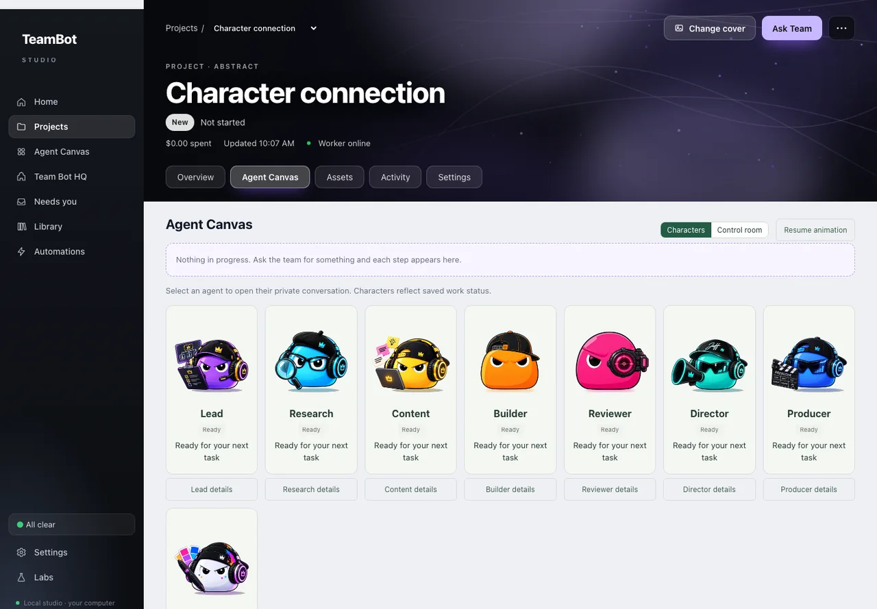 Agent Canvas: eight bot character cards, each showing its saved work status