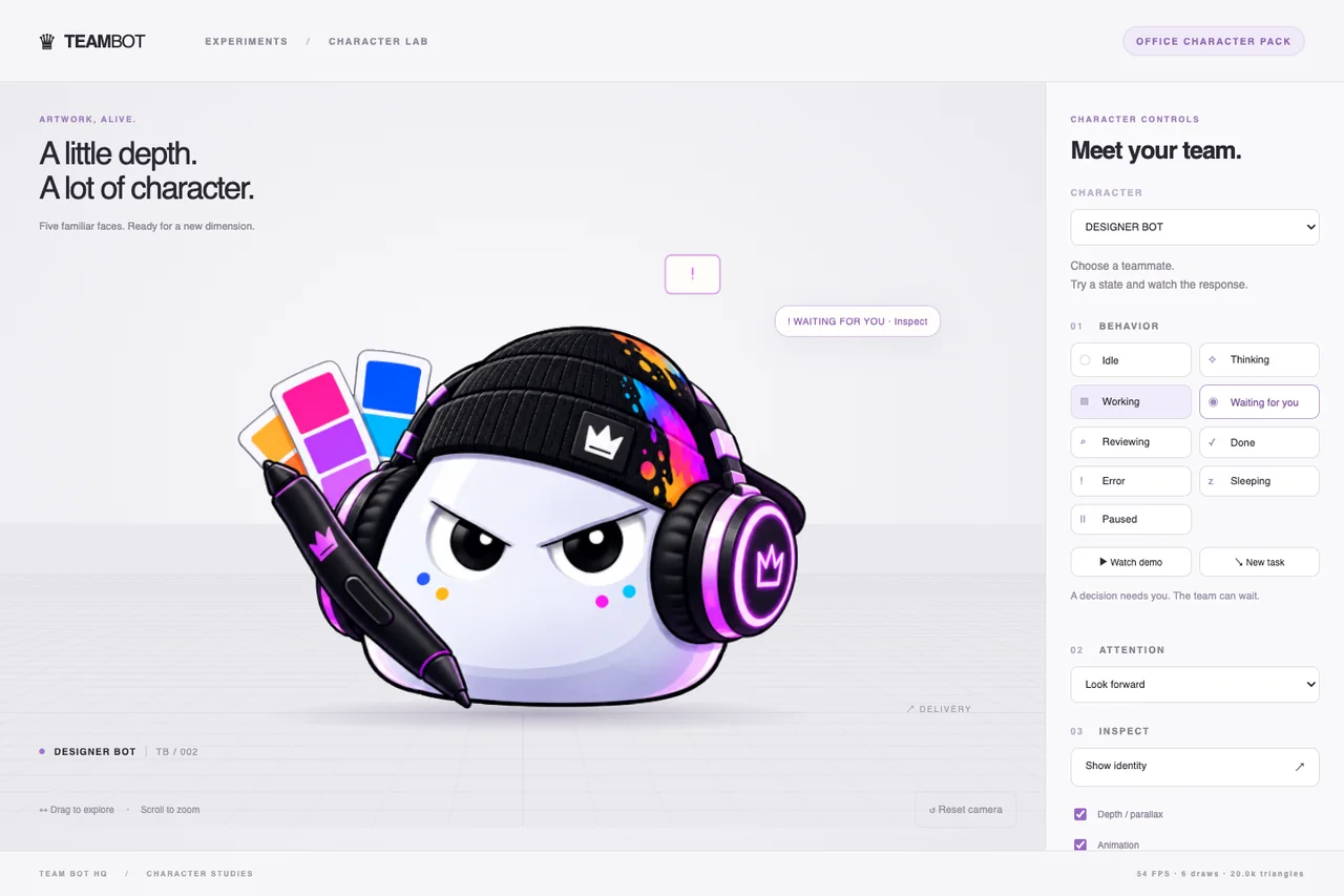 Character lab · Designer Bot waiting for you