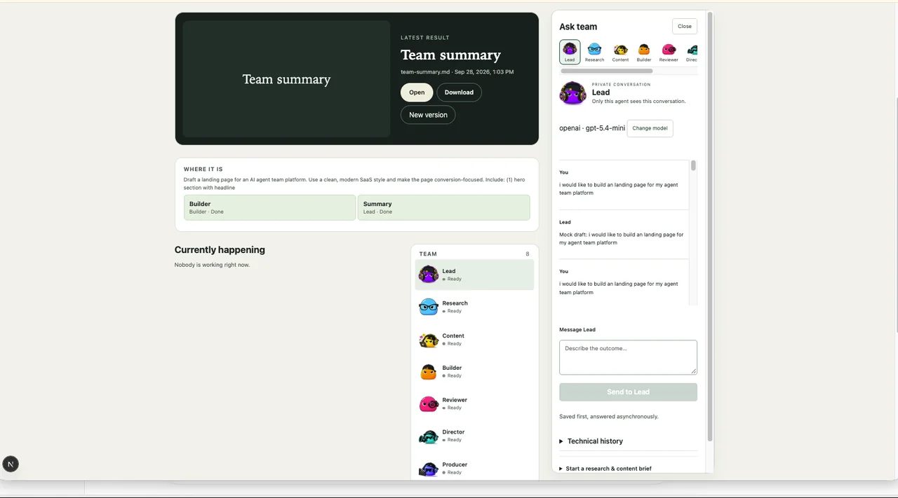 TeamBot project overview: latest result, team roster and the Ask team drawer