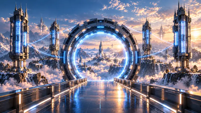 The Quantum Gateway: a mechanical ring on a bridge between computing towers, with a glowing view into another world