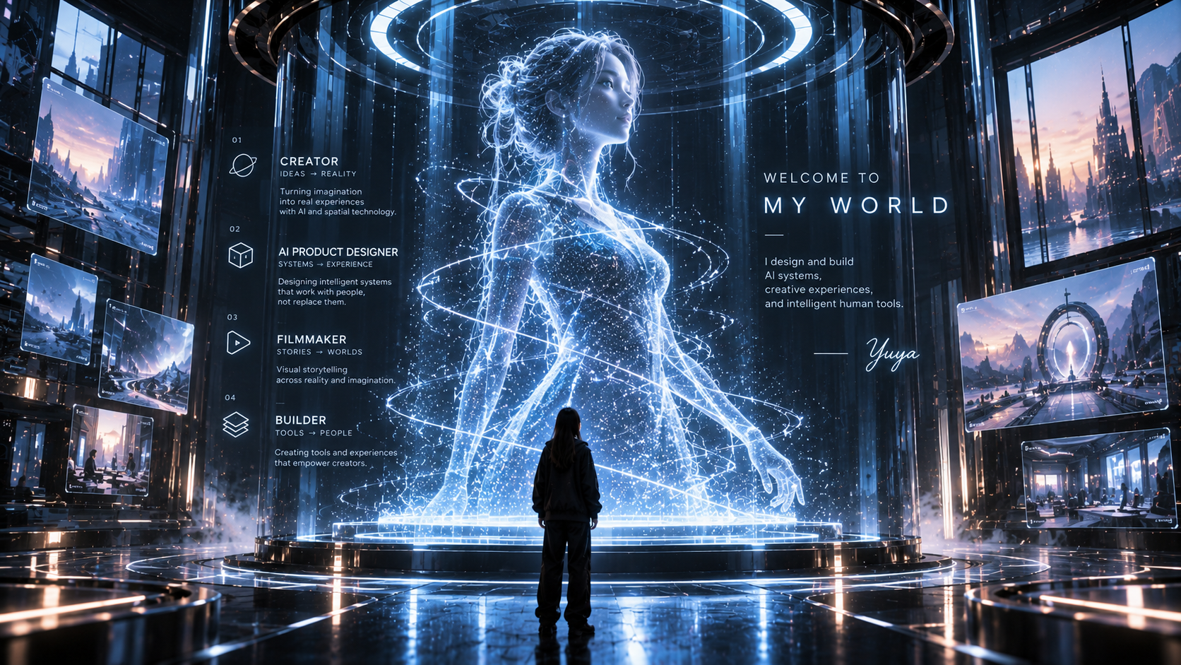 A luminous female hologram in a futuristic hall, surrounded by orbital light rings and floating project panels, with a visitor standing before her.
