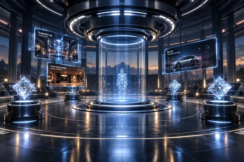 The Lab and Discovery Gallery: a holographic figure in a glass chamber surrounded by floating project panels
