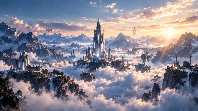 The new world beyond the Portal: spires above a sea of clouds at golden hour