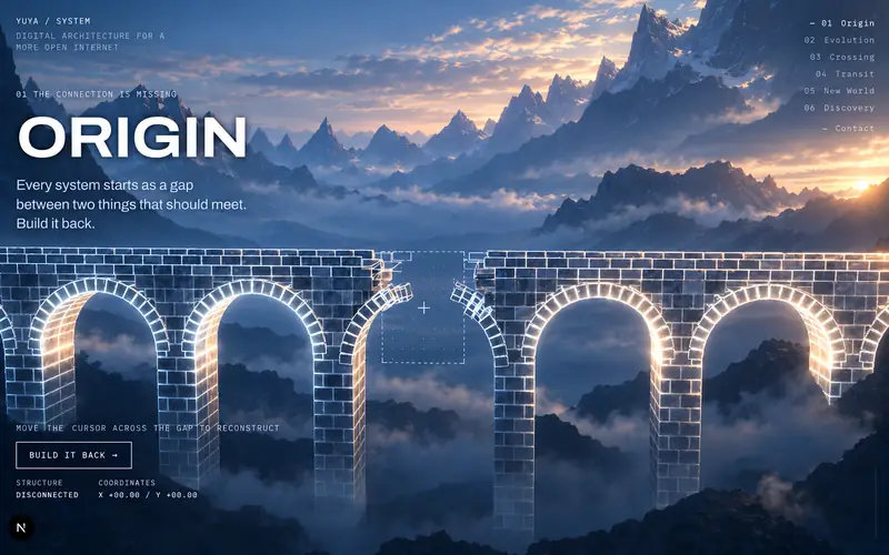 The live Origin chapter: a glowing brick aqueduct with a missing span over misty mountains, with a Build it back button