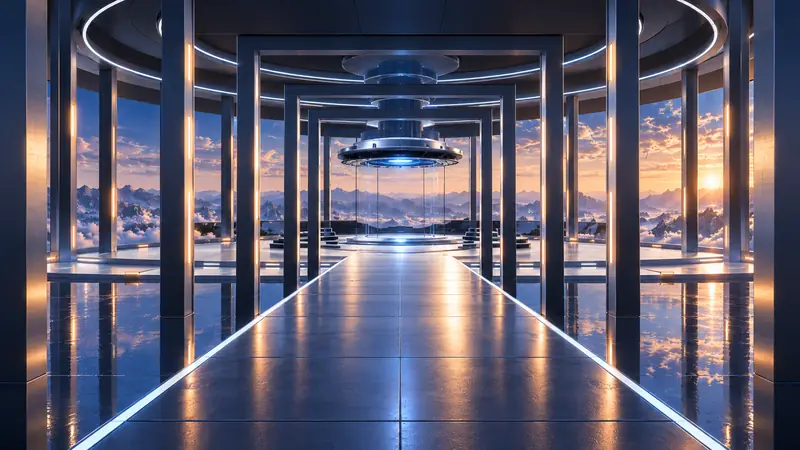 The arrival pathway: repeated dark titanium frames leading to the Holographic Chamber, with blue-hour mountains through glass